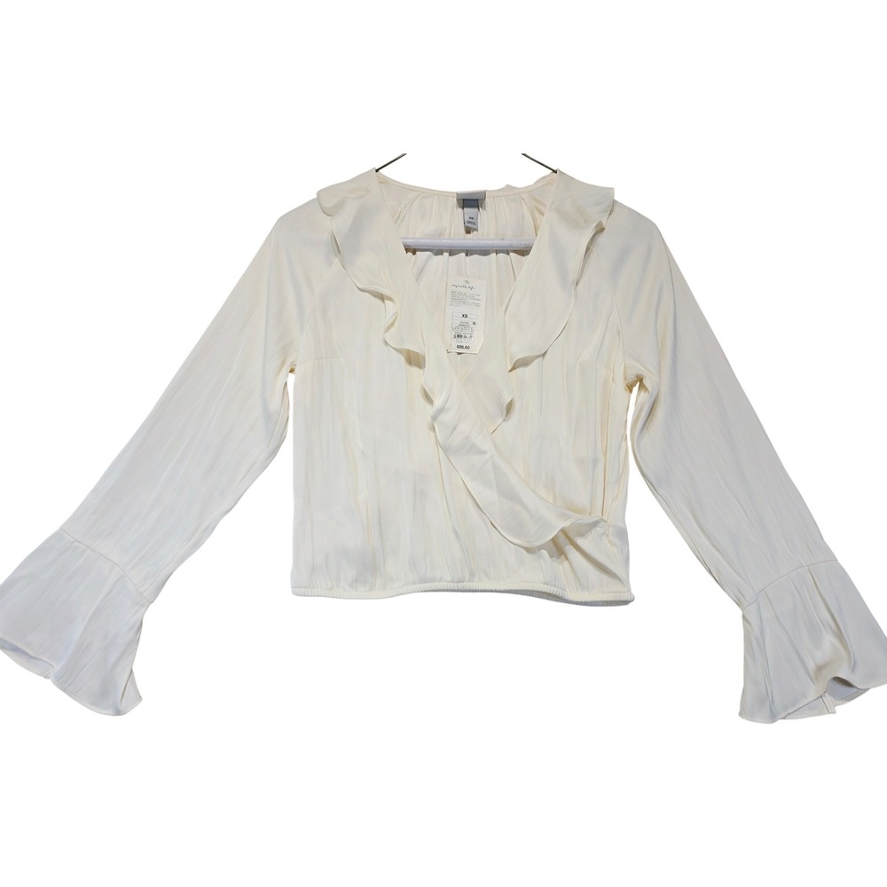 A New Day Women Cream Ruffle Wrap Blouse Bell Sleeve XS